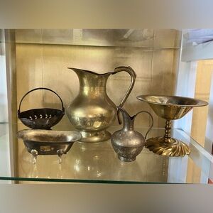 Vintage Solid Brass Pitcher with Handle, Vase, bowl bundle